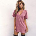 Ebaywish summer hit solid loose short sleeve deep V-neck cut-out T-shirt dress