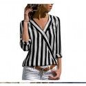 New fall 2018 eBay Amazon European and American women's long sleeve V-neck stripe women's Shirt Top