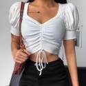 2020 European and American foreign trade new pleated short sleeve top women's 23071 cross border sexy navel top women's hair