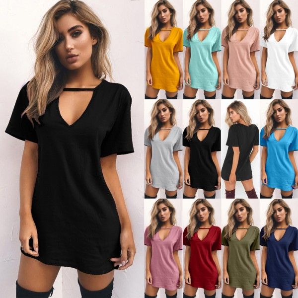 Ebaywish summer hit solid loose short sleeve deep V-neck cut-out T-shirt dress