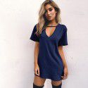 Ebaywish summer hit solid loose short sleeve deep V-neck cut-out T-shirt dress