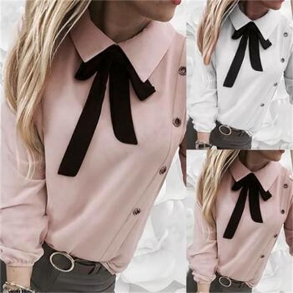 Amazon 2019 foreign trade new style celebrity style neckline color matching bow tie temperament shirt top women's wear