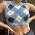 23424p contrast line diamond lattice V-neck three tank top Y2K fashion trend navel revealing Sexy Sports sweater