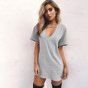 Ebaywish summer hit solid loose short sleeve deep V-neck cut-out T-shirt dress