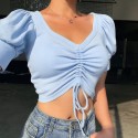 2020 European and American foreign trade new pleated short sleeve top women's 23071 cross border sexy navel top women's hair