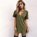 Ebaywish summer hit solid loose short sleeve deep V-neck cut-out T-shirt dress