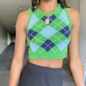 23424p contrast line diamond lattice V-neck three tank top Y2K fashion trend navel revealing Sexy Sports sweater