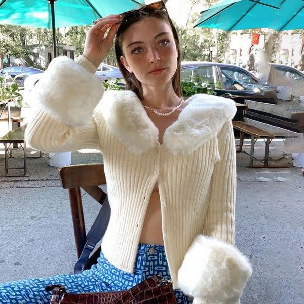 European and American foreign trade in autumn and winter 2020 new long sleeve top 23413p sexy wool collar knitted coat female
