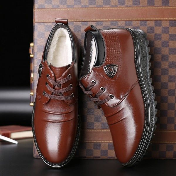 Winter new leisure leather cotton shoes men's middle-aged and old people's plush and thickened warm men's cotton shoes non slip men's cotton shoes