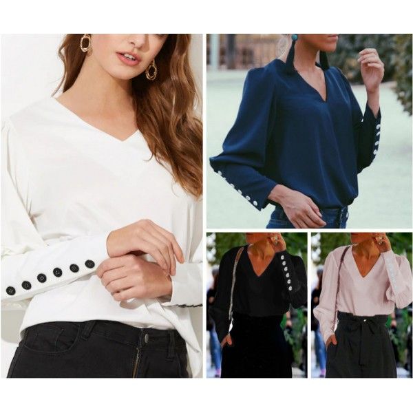European and American new 2019 Amazon foreign trade shirt popular long sleeve straight breasted splicing V-neck T-shirt 