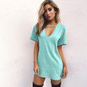 Ebaywish summer hit solid loose short sleeve deep V-neck cut-out T-shirt dress