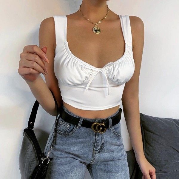 2020 cross border new European and American solid color open back summer vest women's 93223 open back bow pleated top