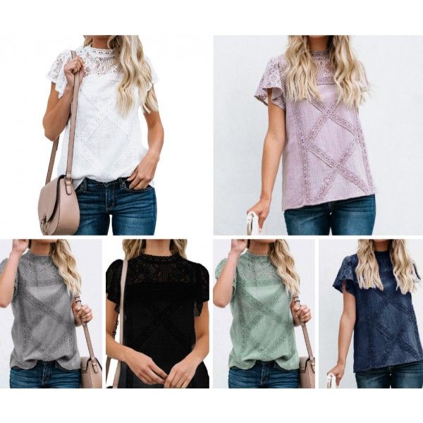 European and American clothing summer lace T-shirt summer short sleeve geometric stitching lace top