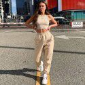 European and American foreign trade new pure color slim fit sports casual pants women's 23223p elastic waist letter printing pants women's 
