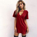 Ebaywish summer hit solid loose short sleeve deep V-neck cut-out T-shirt dress