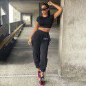 European and American foreign trade new pure color slim fit sports casual pants women's 23223p elastic waist letter printing pants women's 