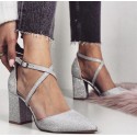 Cross border foreign trade Europe and America sexy solid color thick heel cross strap high heel shoes pointed Sequin BLING buckle sandals