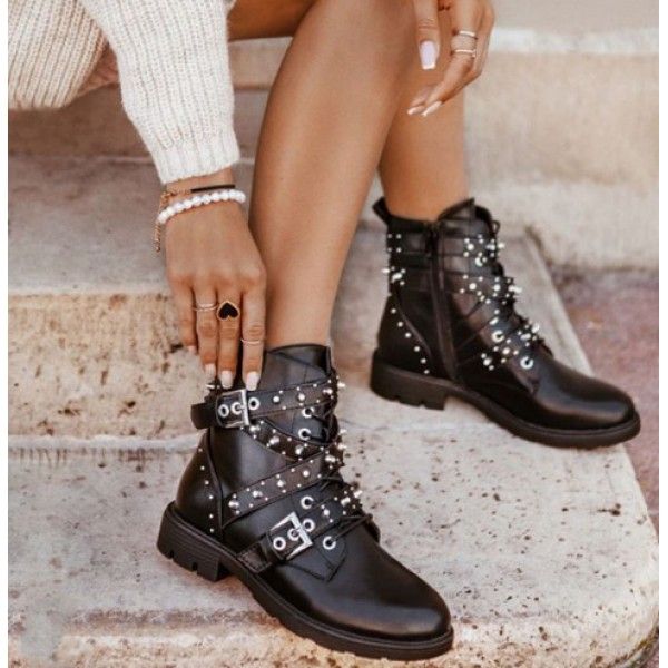 Autumn and winter cross border women's boots European and American rivet large size women's boots low thick leisure middle tube cross strap Martin boots children