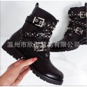 Autumn and winter cross border women's boots European and American rivet large size women's boots low thick leisure middle tube cross strap Martin boots children