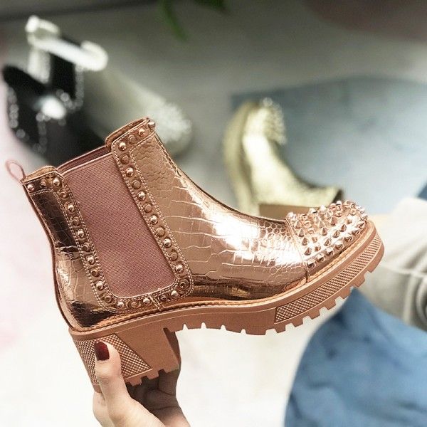 Cross border women's shoes autumn and winter thick heel round head short boots mirror stone grain foreign trade large Martin boots manufacturers direct sales