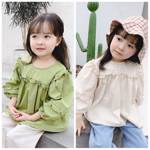 2020 children's spring new women's clothing Korean version nine sleeve shirt with ear edge 20130 