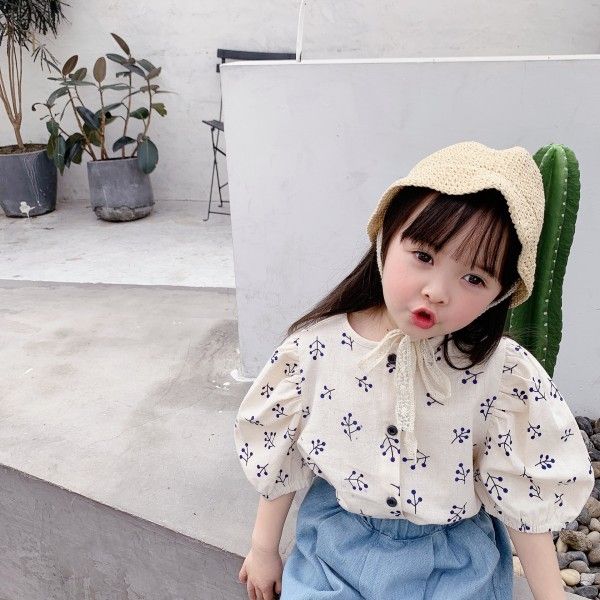 Adbaby children's clothing 2020 summer new girls' summer clothing bubble sleeve hemp cotton short sleeve shirt 20372