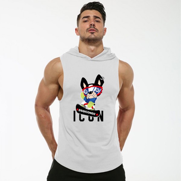 2021 summer new men's hooded cotton sweat absorbing T-shirt vest leisure fitness sports loose bodybuilding vest