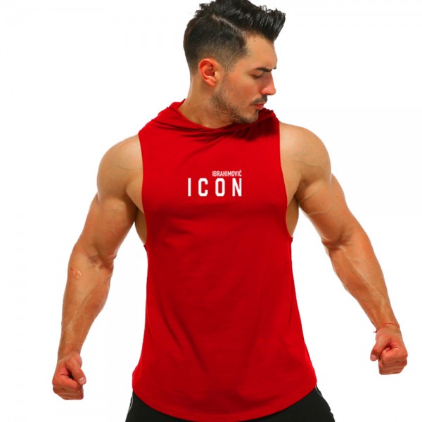 2021 summer new men's sleeveless hooded cotton T-shirt vest running fitness exercise loose fit vest