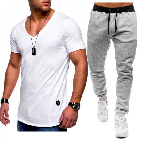 2020 new men's sportswear suit casual fashion V-neck T-shirt + casual sports pants