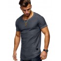 Europe and the United States 2020 cross border men's T-shirt slim solid color stripe pleated short sleeve fitness T-shirt manufacturers direct sales