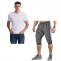 2020 summer cross border foreign trade men's V-neck slim short sleeve T-shirt color matching 7-point pants suit