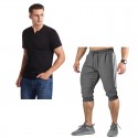 2020 summer cross border foreign trade men's V-neck slim short sleeve T-shirt color matching 7-point pants suit