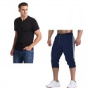 2020 summer cross border foreign trade men's V-neck slim short sleeve T-shirt color matching 7-point pants suit