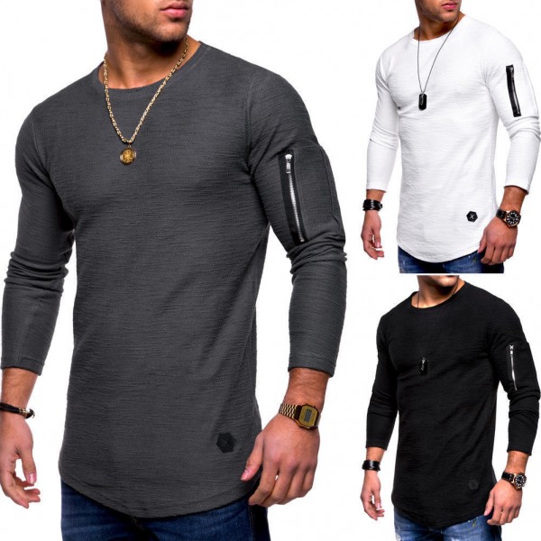 2021 fashion men's solid color round neck long sleeve T-shirt arm zipper casual European style long sleeve backing