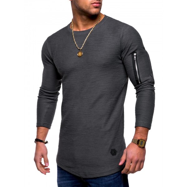 2020 spring and autumn men's new solid color round neck long sleeve T-shirt, arm zipper splicing, one cotton base shirt