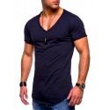 2019 summer new men's V-neck T-shirt casual arc hem short sleeve solid color base shirt