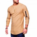 2020 spring and autumn men's new solid color round neck long sleeve T-shirt, arm zipper splicing, one cotton base shirt
