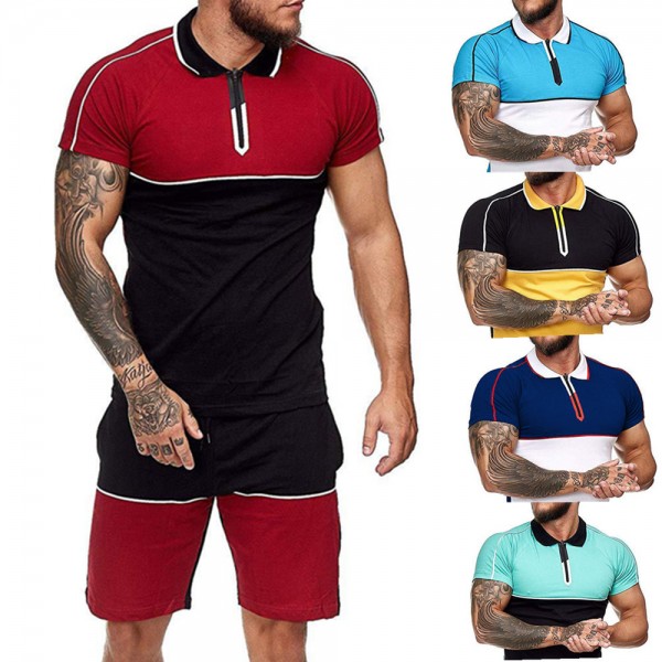 Cross border men's sports suit 2020 summer new short sleeve plus 5-point shorts color matching short sleeve suit
