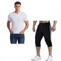 2020 summer cross border foreign trade men's V-neck slim short sleeve T-shirt color matching 7-point pants suit