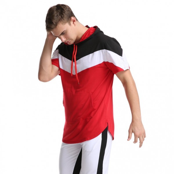 Cross border spring men's clothing Europe and the United States color matching men's T-shirt three color stitching hooded short sleeve base shirt in 2020