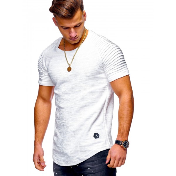 Europe and the United States 2020 cross border men's T-shirt slim solid color stripe pleated short sleeve fitness T-shirt manufacturers direct sales