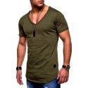 2019 summer new men's V-neck T-shirt casual arc hem short sleeve solid color base shirt