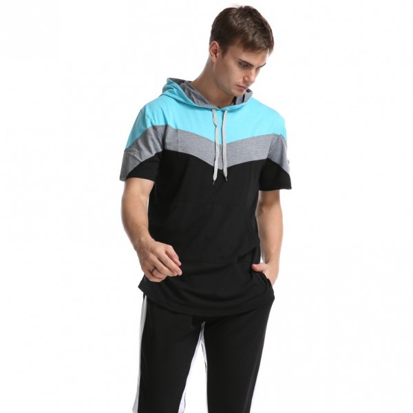 Cross border spring men's clothing Europe and the United States color matching men's T-shirt three color stitching hooded short sleeve base shirt in 2020