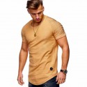 Europe and the United States 2020 cross border men's T-shirt slim solid color stripe pleated short sleeve fitness T-shirt manufacturers direct sales