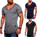 2019 summer new men's V-neck T-shirt casual arc hem short sleeve solid color base shirt