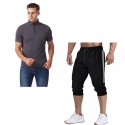 2020 summer cross border foreign trade men's V-neck slim short sleeve T-shirt color matching 7-point pants suit