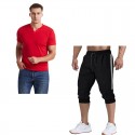 2020 summer cross border foreign trade men's V-neck slim short sleeve T-shirt color matching 7-point pants suit