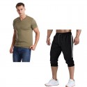 2020 summer cross border foreign trade men's V-neck slim short sleeve T-shirt color matching 7-point pants suit