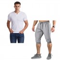 2020 summer cross border foreign trade men's V-neck slim short sleeve T-shirt color matching 7-point pants suit