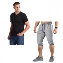 2020 summer cross border foreign trade men's V-neck slim short sleeve T-shirt color matching 7-point pants suit